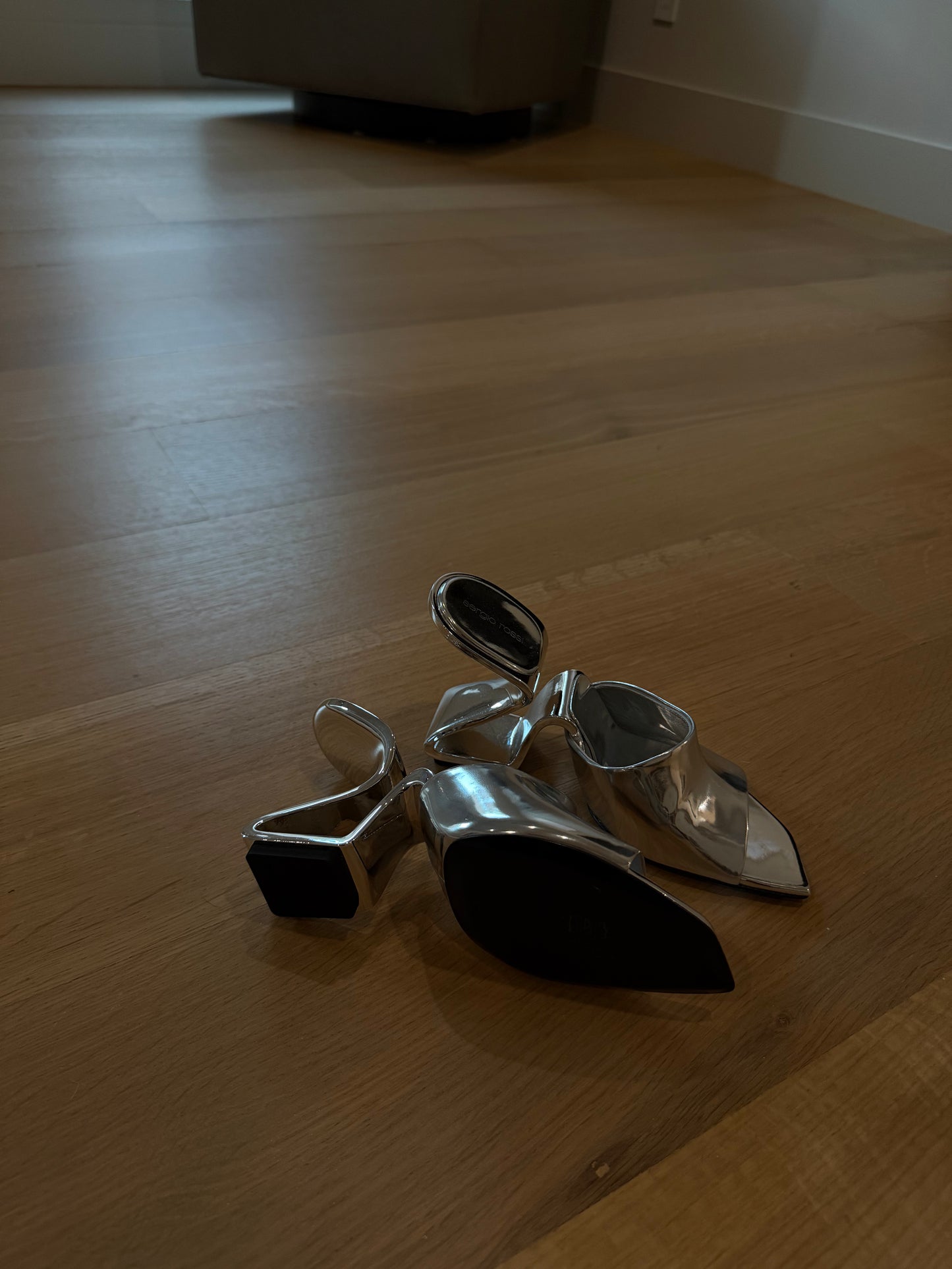 Sergio Rossi Metallic Silver Heeled Sandals — 37.5